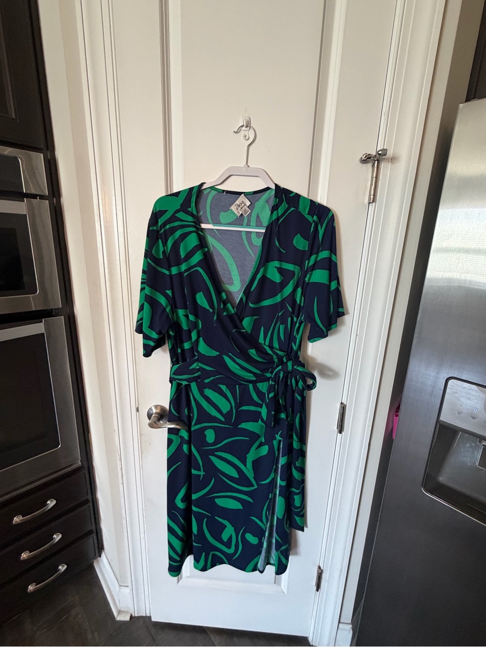 DM Collection Navy Midi Wrap Dress with Green Leaf Motif
